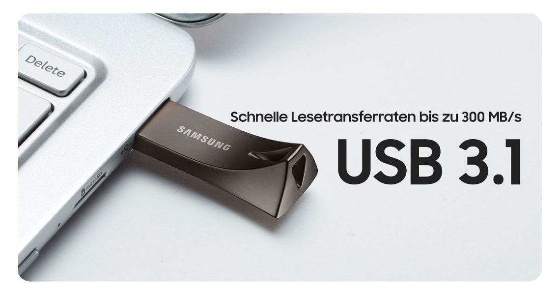 Lesetransferraten bis zu 300 MB/s mit dem USB Stick Samsung BAR Plus 32 GB Grau MUF 32BE4/EU